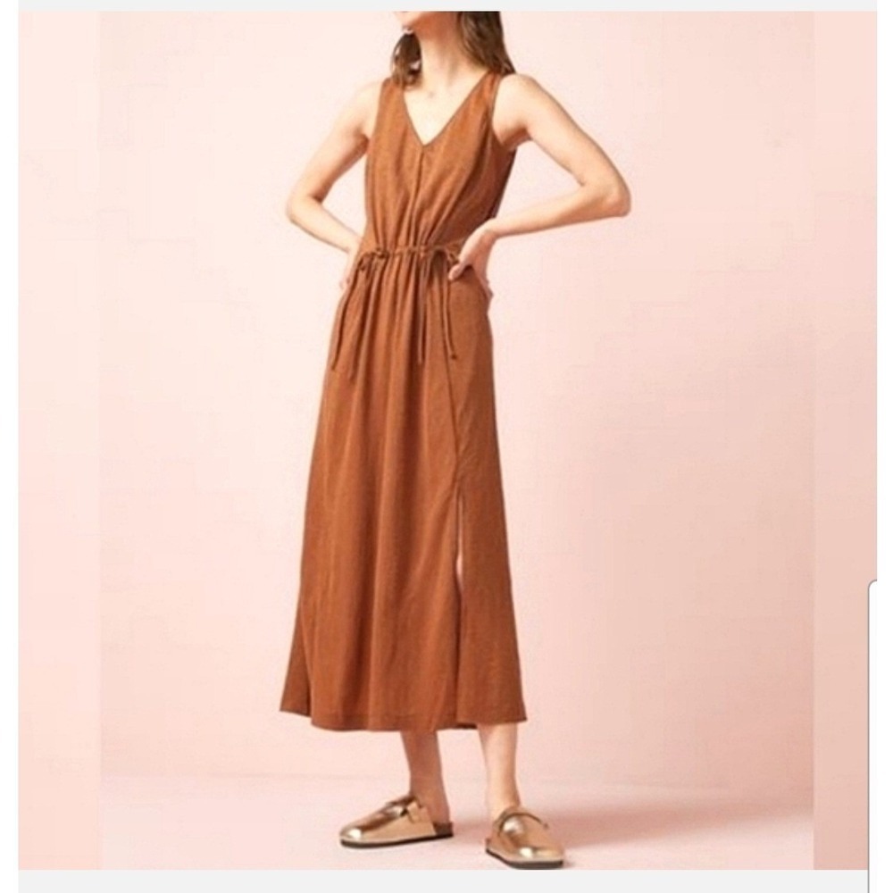 Athleta Echo Midi Dress Womens Small Rust Orange Sleeveless Crinkle‎ Drawstring